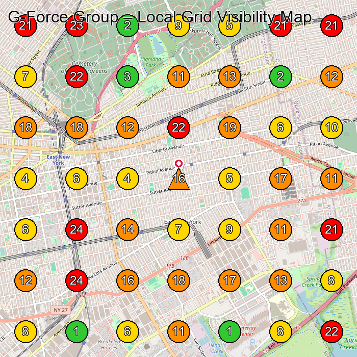 G-Force Group Cabinet Maker GeoGrid ranking map for Brooklyn NY